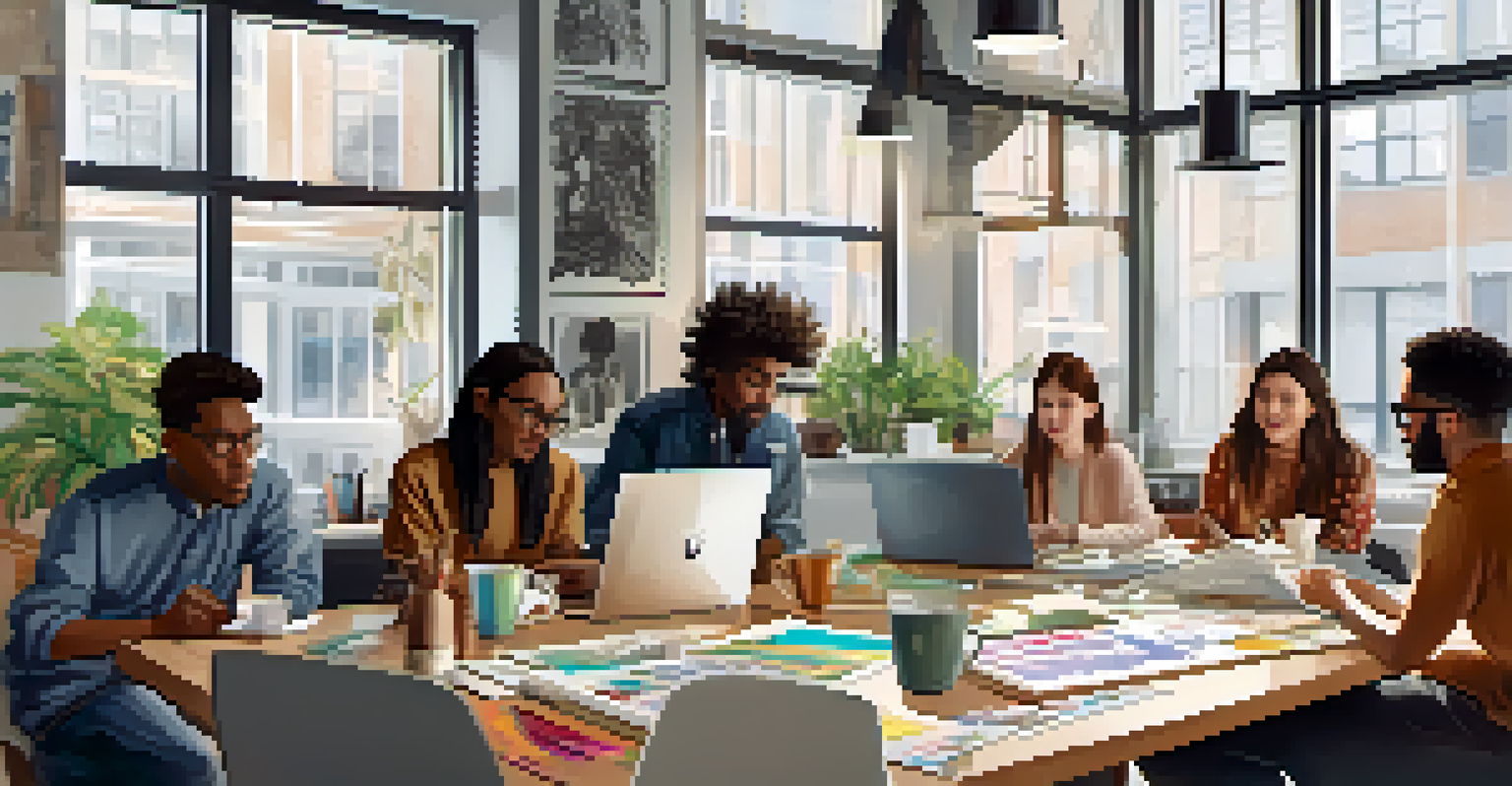 A diverse group of creatives collaborating at a table with sketches and laptops in a bright studio.