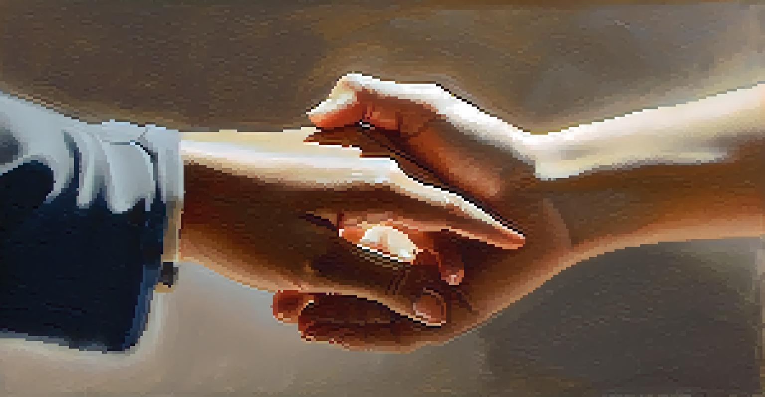Close-up of two hands reaching out to symbolize trust and connection, with a warm blurred background.