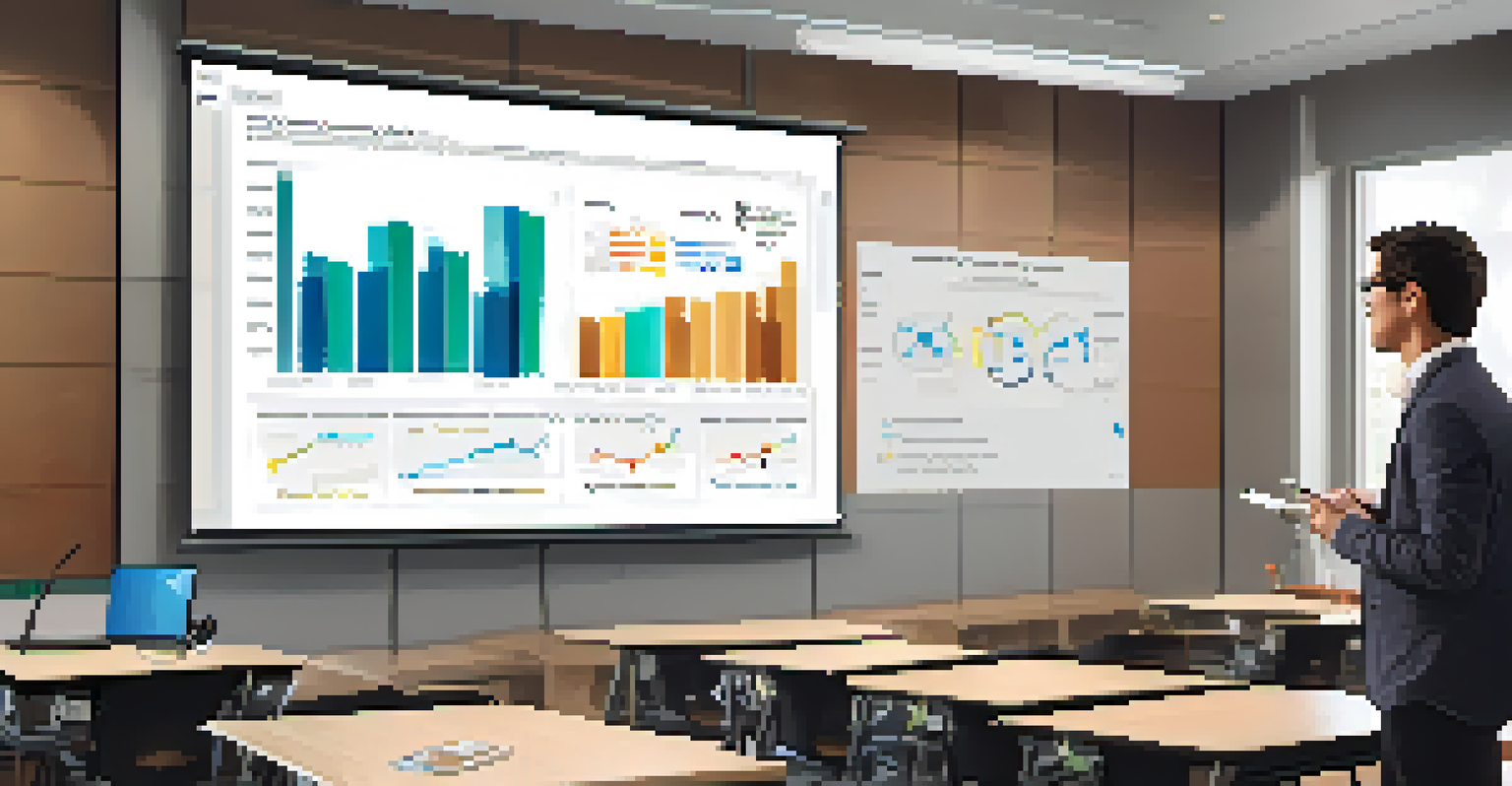 An educator reviewing student performance data on a screen in a modern classroom filled with advanced learning tools.