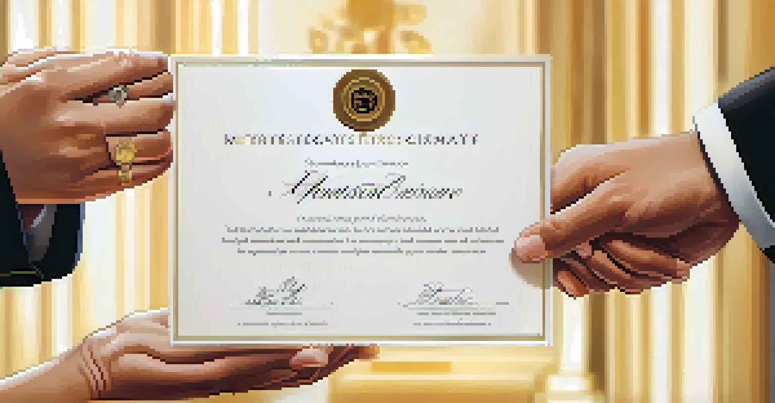 Hands exchanging a mentorship certificate highlighting achievement and success.