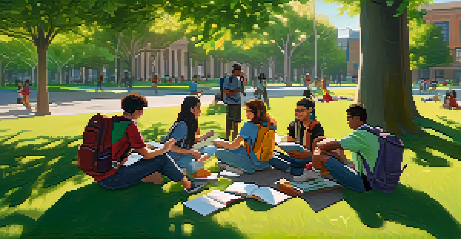 Students from diverse backgrounds studying together in a park, sitting on the grass with books and backpacks, surrounded by greenery.