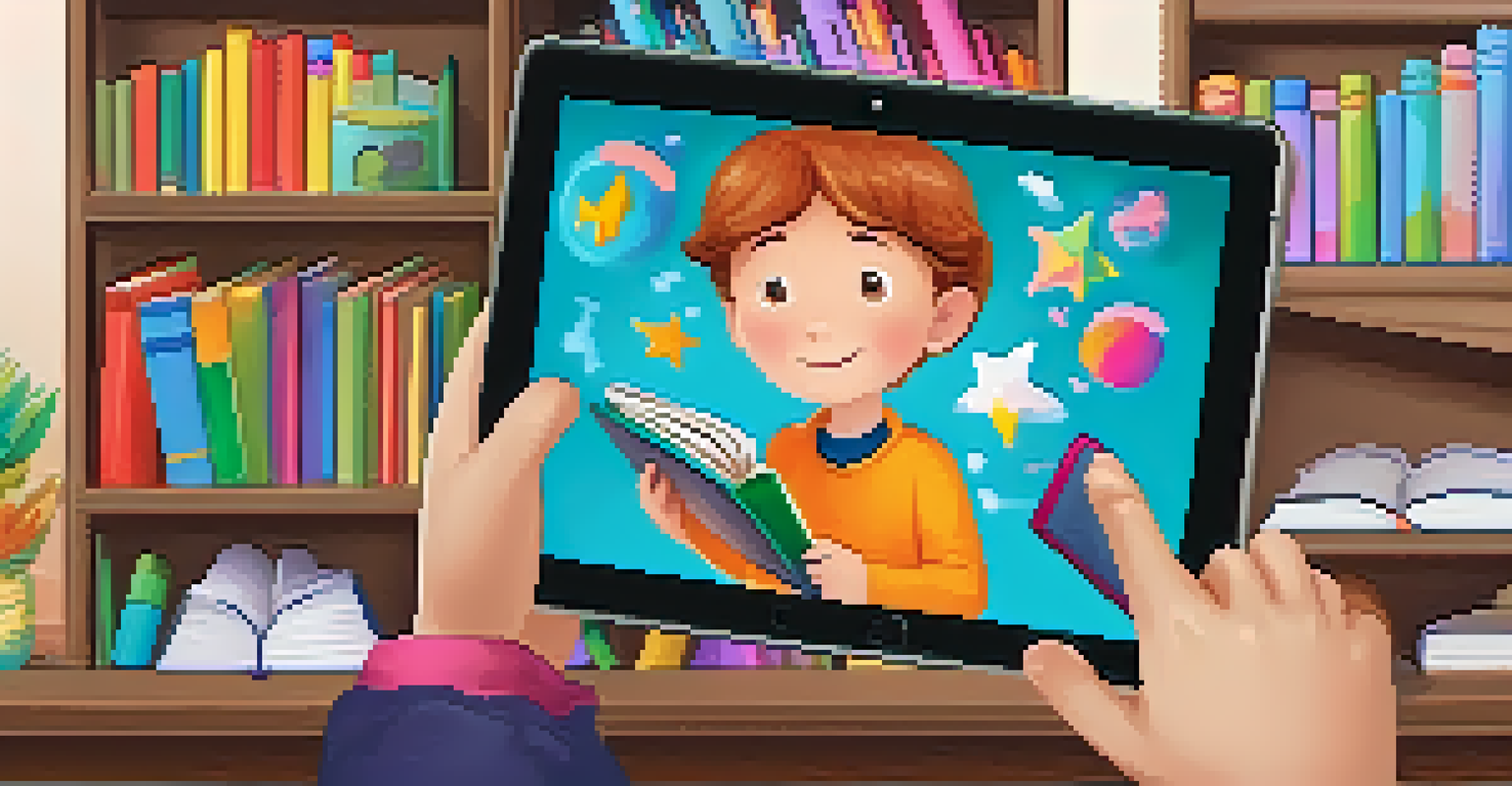 A child's hands using a tablet to create a digital story, surrounded by a cozy study area filled with books.