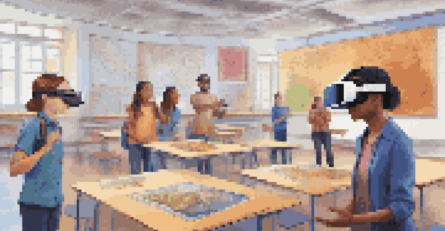A teacher assisting students in a virtual reality environment with detailed 3D models and a modern classroom backdrop.