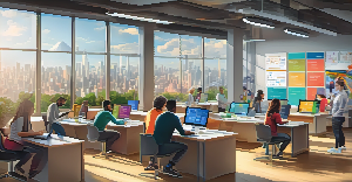 A diverse group of individuals in a bright room learning online, focusing on laptops and tablets, with a city view outside.