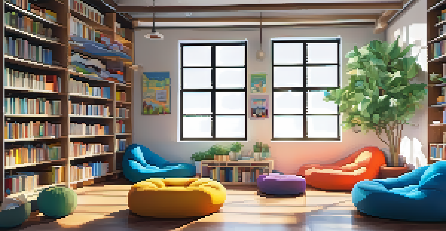 A cozy school reading nook with colorful bean bags and bookshelves, where students are engaged in reading and discussing.