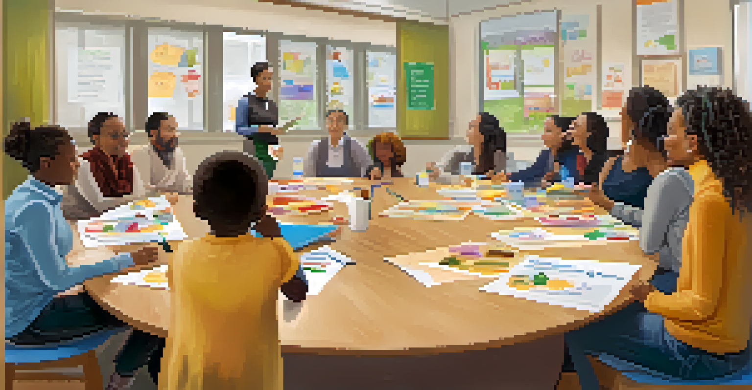 A workshop environment where parents and educators collaborate around a table filled with educational materials.