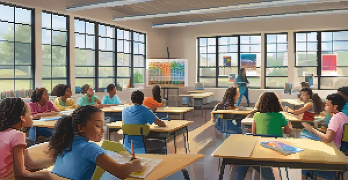 A diverse group of students collaborating on a project in a bright classroom, with a teacher guiding them.