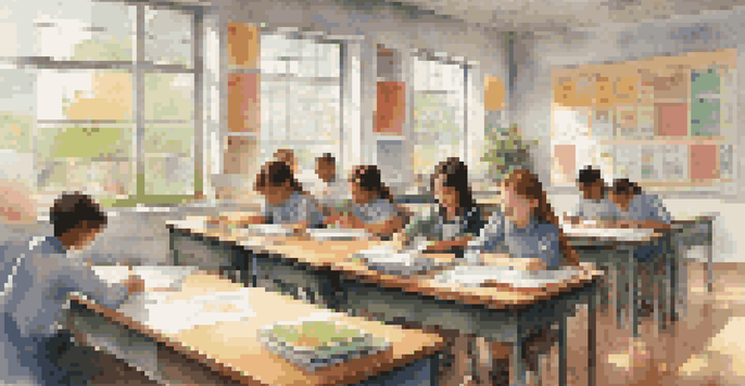 A classroom with students focused on their work, illuminated by natural light, creating a calm and productive environment.