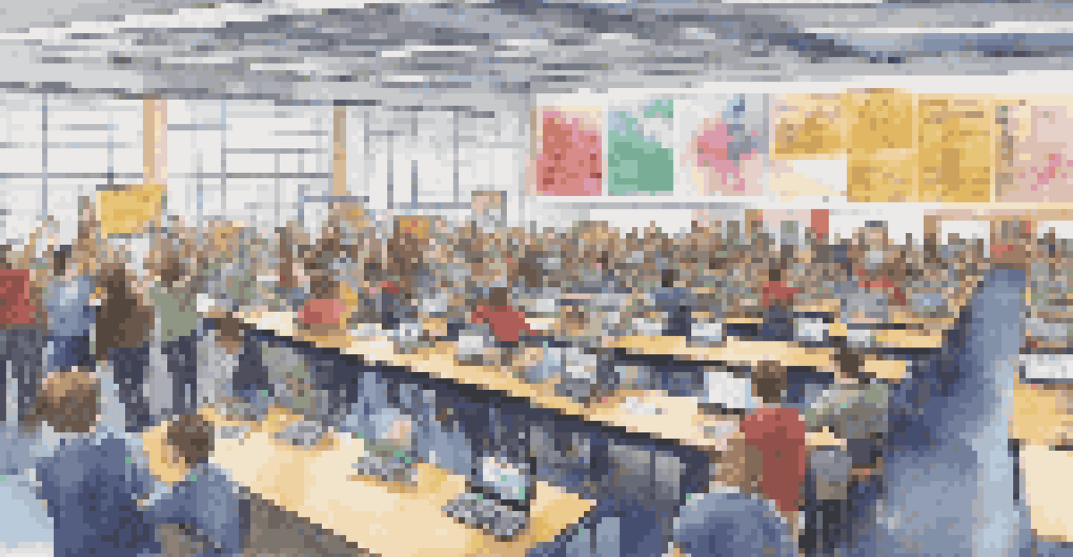 A lively mock stock market competition in a school gym, with students engaged in tracking stocks and cheering, decorated with finance educational materials.
