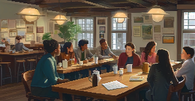 A warm coffee shop with teachers gathered around a table, discussing lesson plans and sharing ideas.