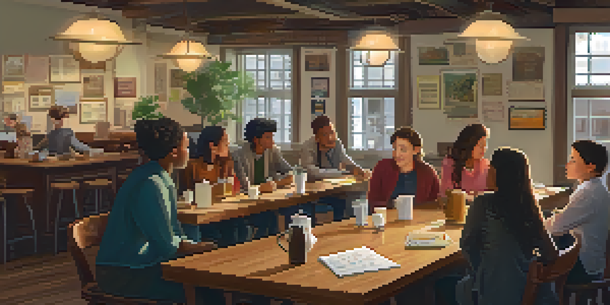 A warm coffee shop with teachers gathered around a table, discussing lesson plans and sharing ideas.