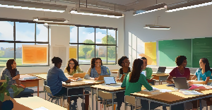 A bright and modern classroom where diverse students engage in group discussions with laptops and notebooks.