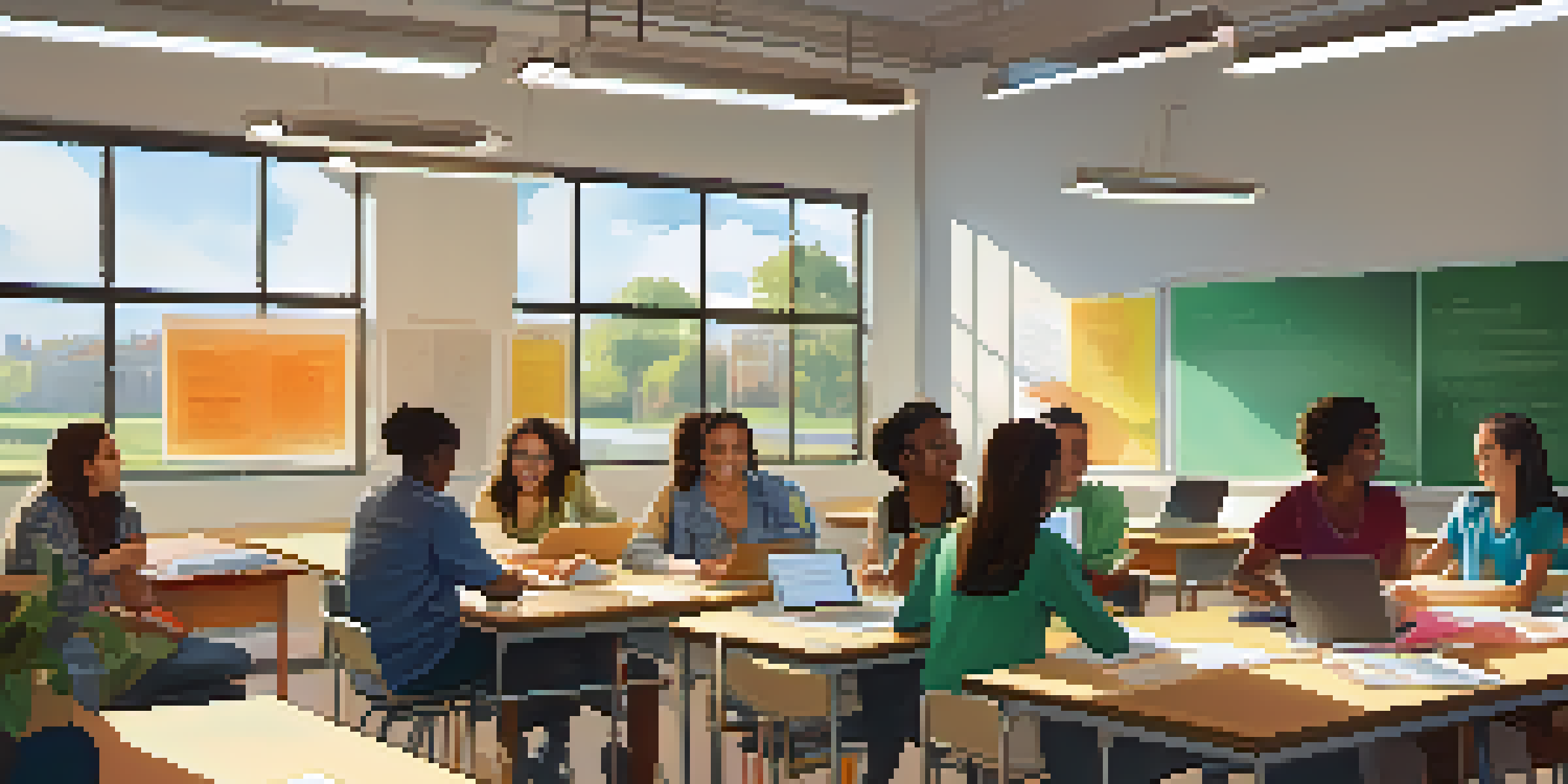 A bright and modern classroom where diverse students engage in group discussions with laptops and notebooks.