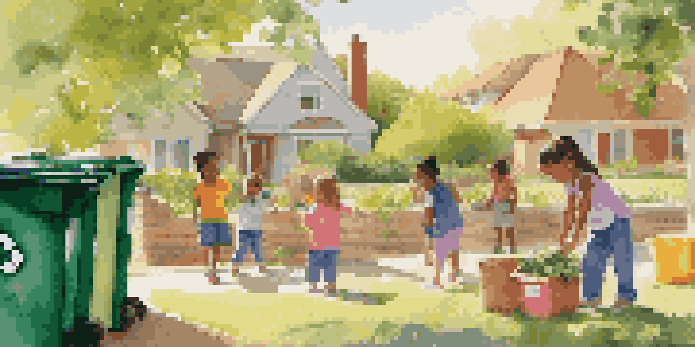 Children watching their parents recycle in a sunny backyard, surrounded by colorful recycling bins and greenery.
