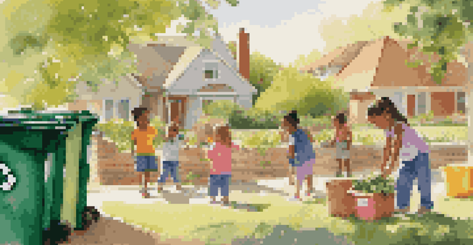 Children watching their parents recycle in a sunny backyard, surrounded by colorful recycling bins and greenery.