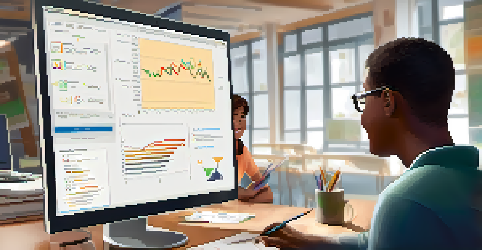 An educator smiling while providing feedback on a digital assessment to a happy student in a bright, well-equipped classroom.
