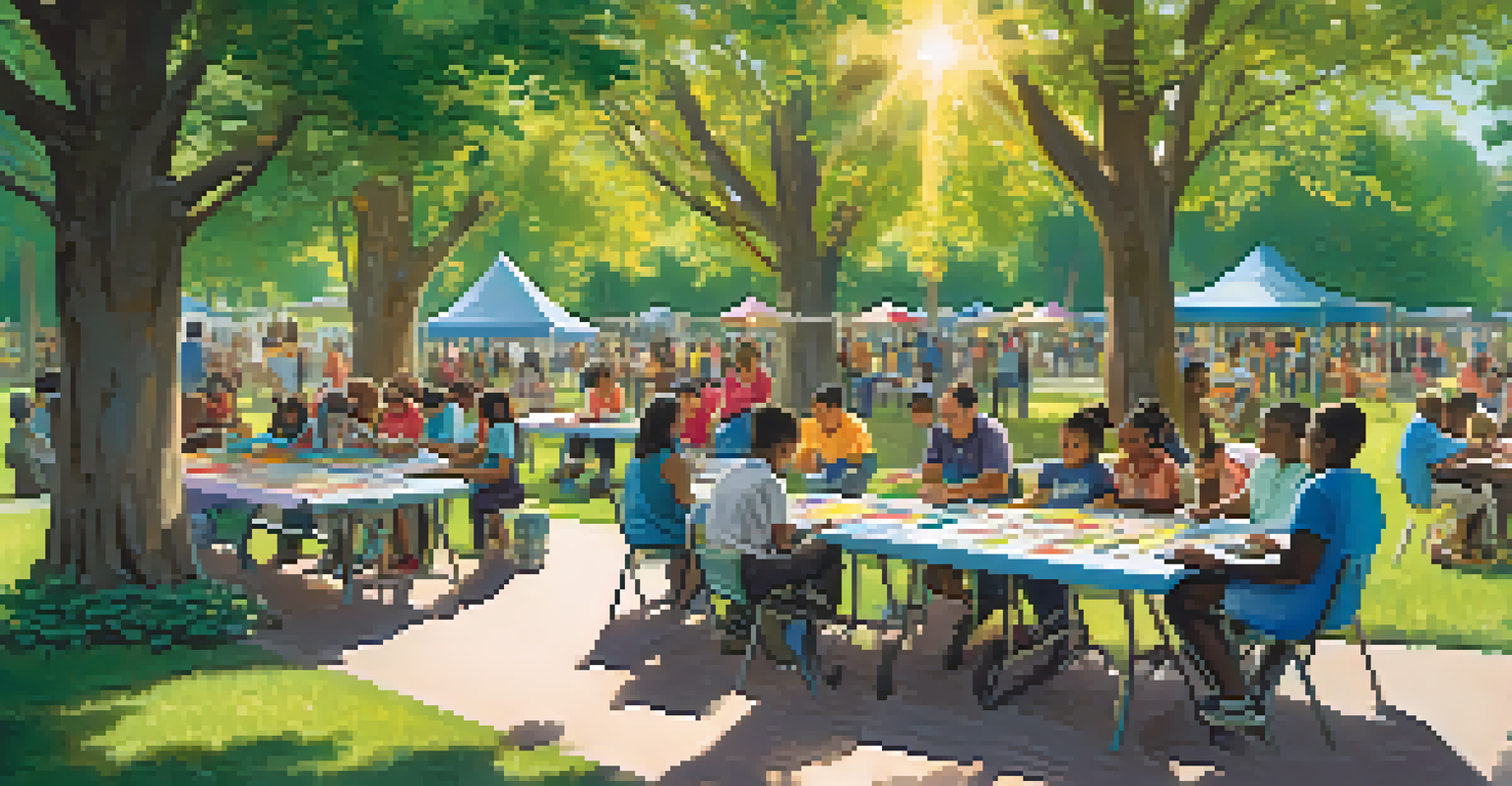 People of various ages participating in a community workshop outdoors, surrounded by trees and colorful banners.