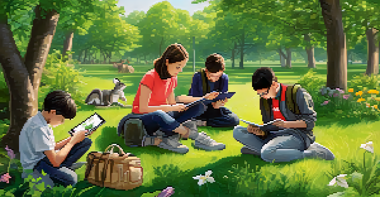 Students exploring nature in a park using tablets and magnifying glasses, surrounded by vibrant greenery and blooming flowers.
