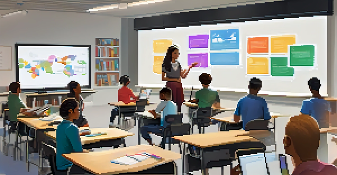 A bright and modern classroom with students using laptops and tablets for blended learning, while a teacher guides the discussion at the front.