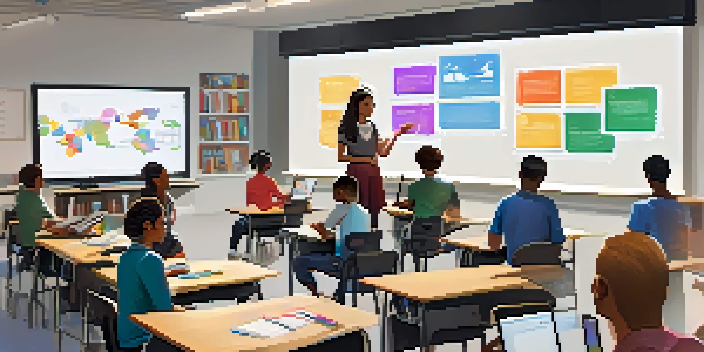 A bright and modern classroom with students using laptops and tablets for blended learning, while a teacher guides the discussion at the front.