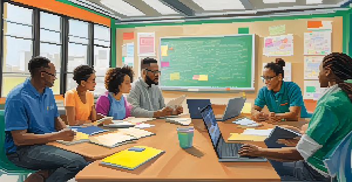 A diverse group of teachers engaged in a peer mentoring session in a bright classroom, sharing ideas around a table filled with educational materials.