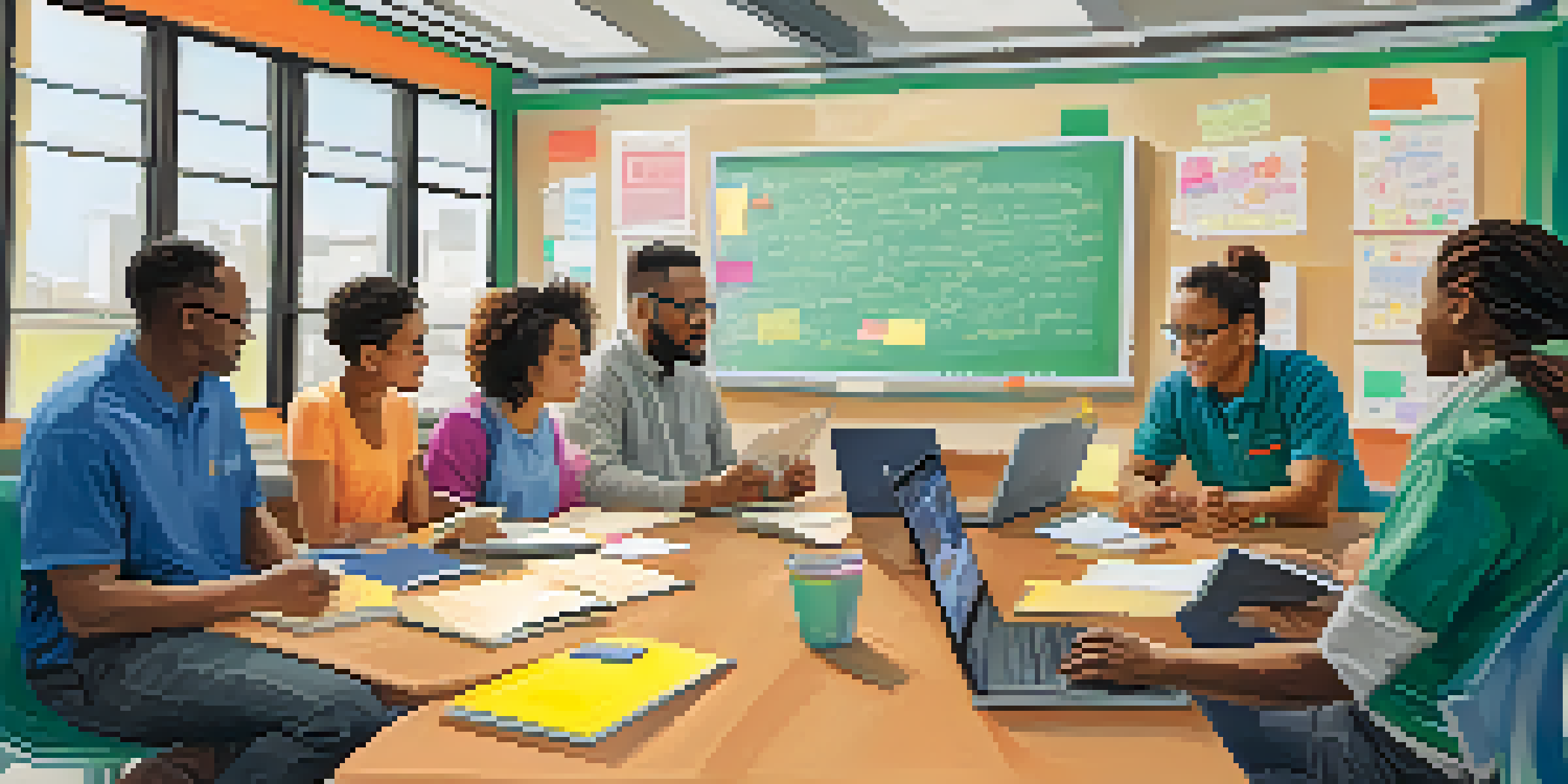 A diverse group of teachers engaged in a peer mentoring session in a bright classroom, sharing ideas around a table filled with educational materials.