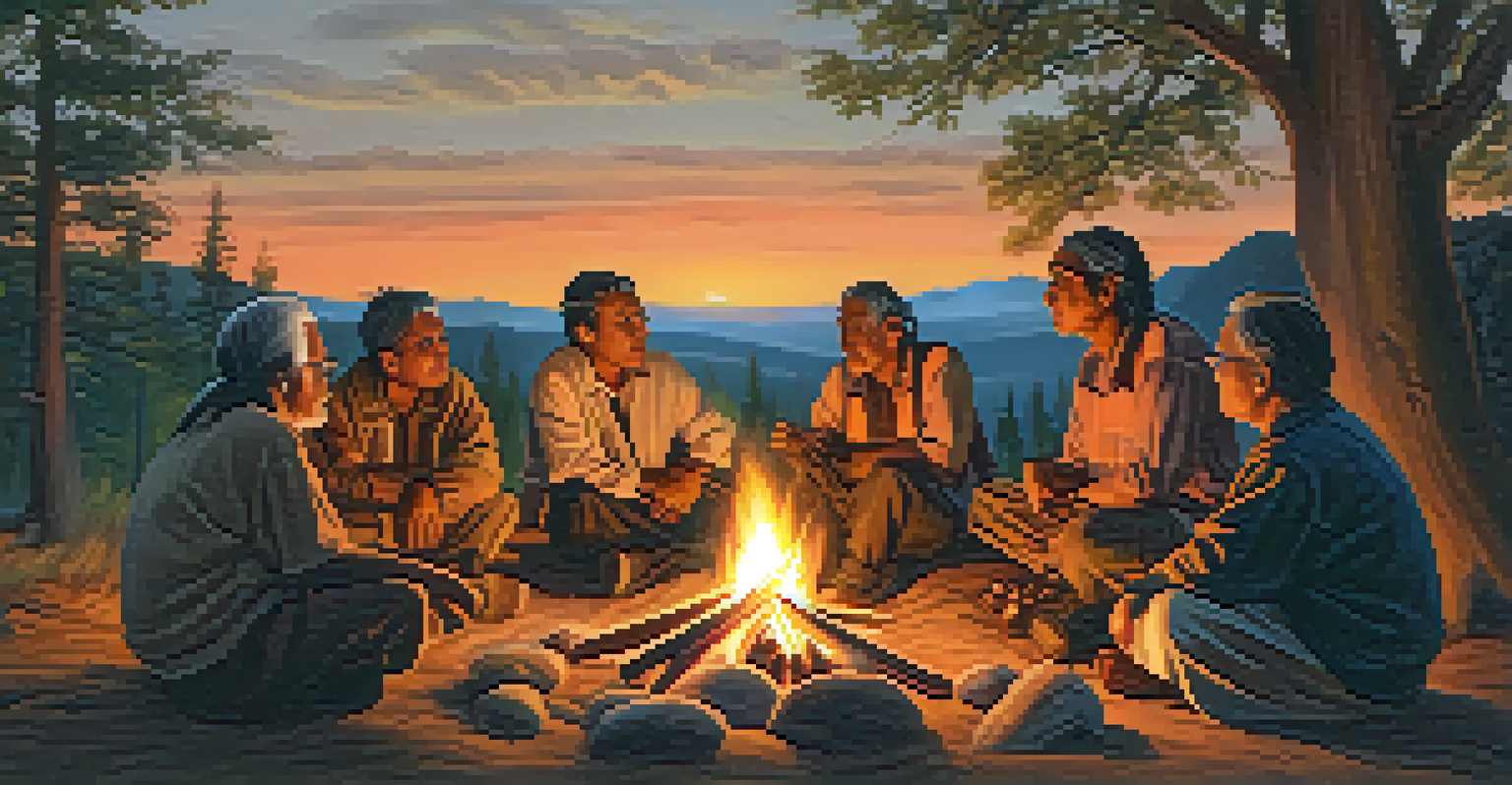 Indigenous elders sharing stories with children around a campfire at sunset, with the warm glow of the fire illuminating their faces and trees in the background.