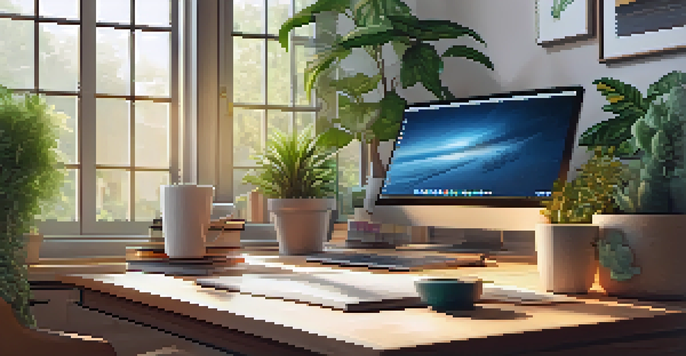 A cozy home office with a laptop, plants, books, and a coffee mug, illuminated by sunlight.