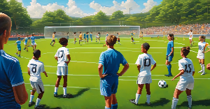 A diverse group of athletes training on a sunny field with a coach praising a young male soccer player for a successful pass.