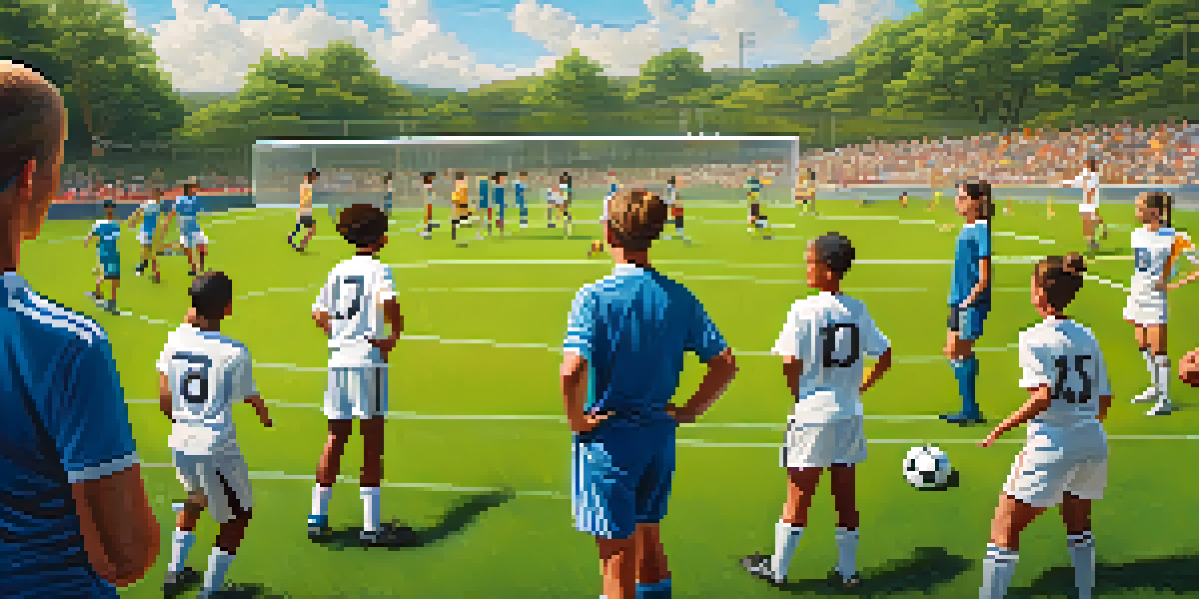 A diverse group of athletes training on a sunny field with a coach praising a young male soccer player for a successful pass.