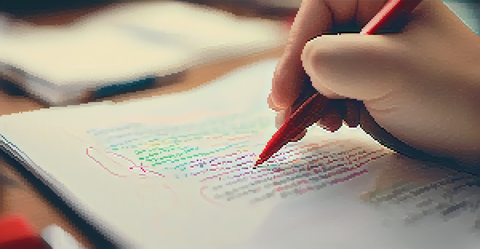 A close-up of a student's hand writing feedback on a paper with colorful annotations, set against a blurred background of classmates discussing.
