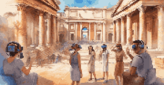 A virtual classroom with students wearing VR headsets, immersed in a digital environment of ancient Rome.