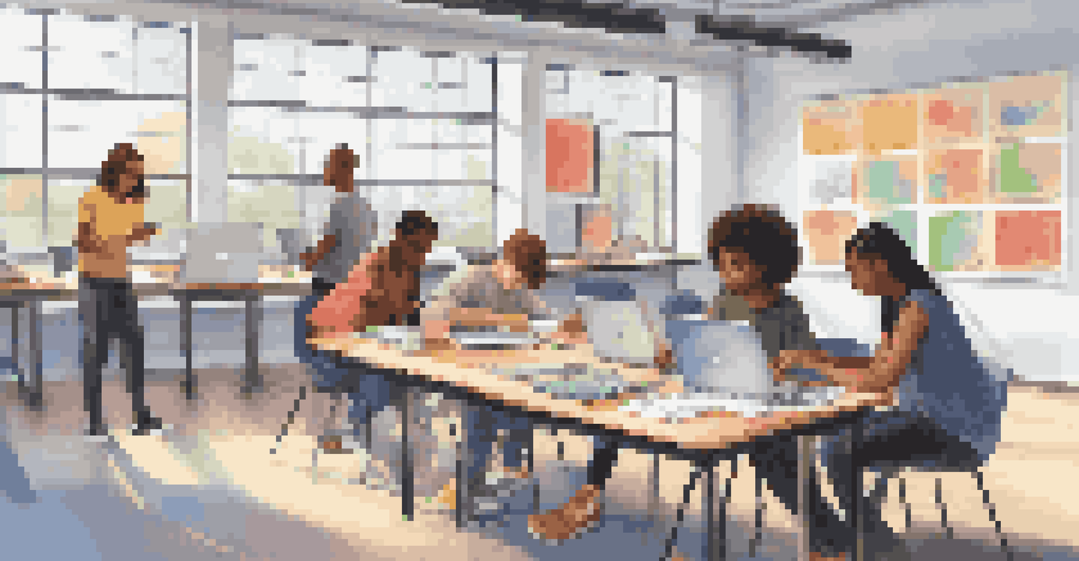 A group of diverse students collaborating on their digital portfolios in a bright classroom setting.
