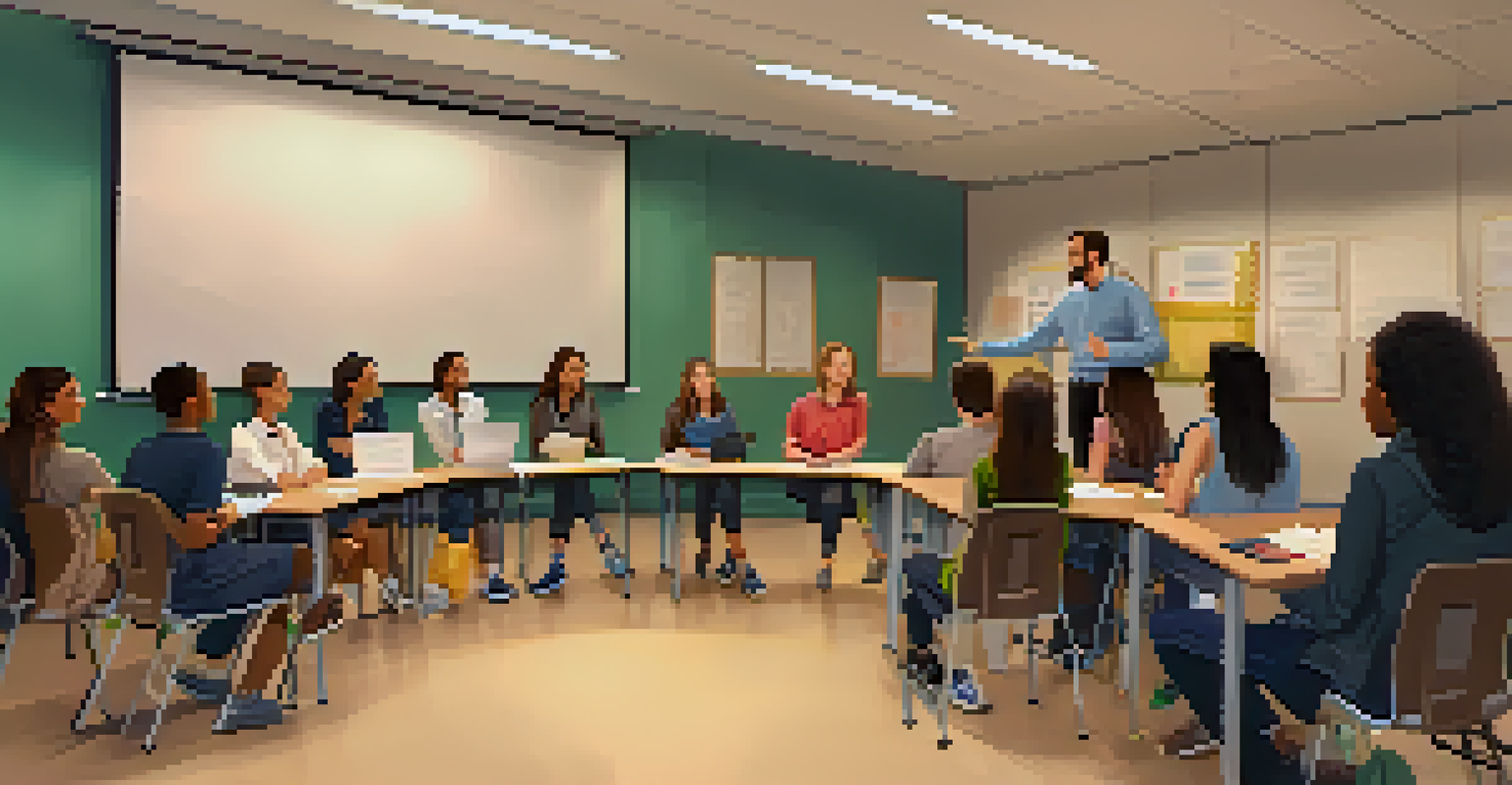 An educator leading a peer feedback session with students sitting in a circle in a modern classroom.