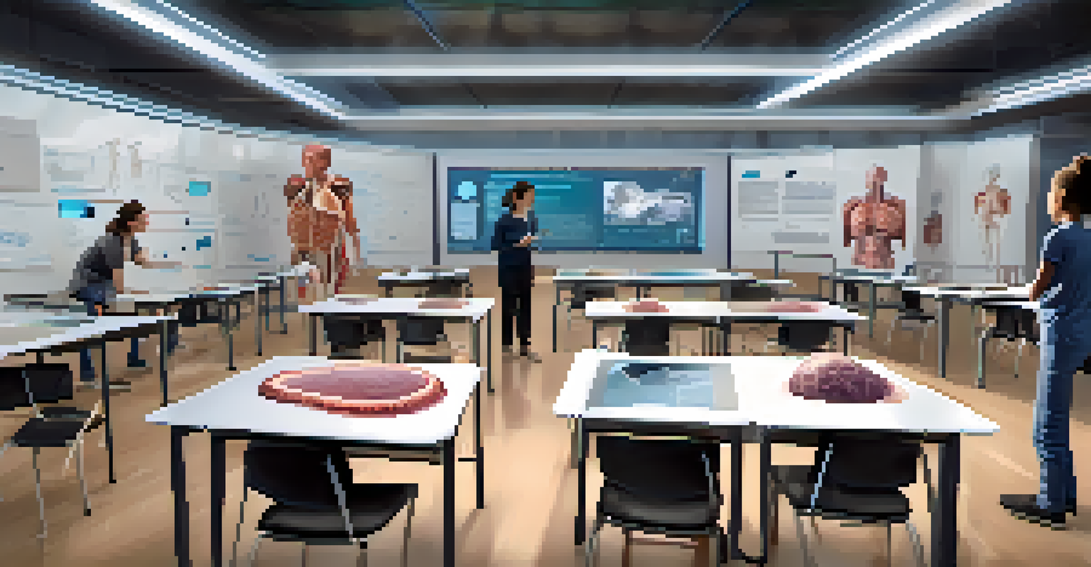 A teacher and students using virtual reality to explore a detailed 3D model of the human body in a modern classroom environment.