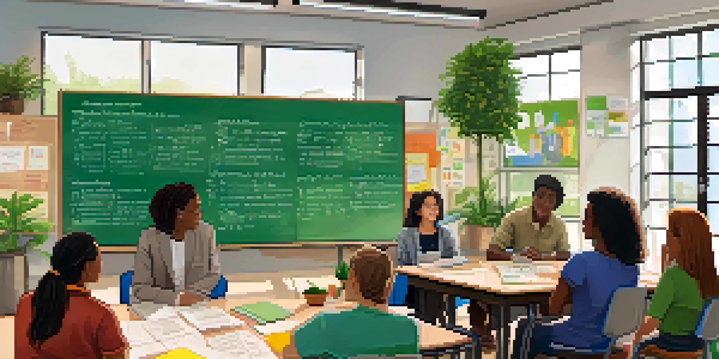 A diverse group of adult learners engaged in a collaborative discussion in a bright classroom with plants and educational posters.
