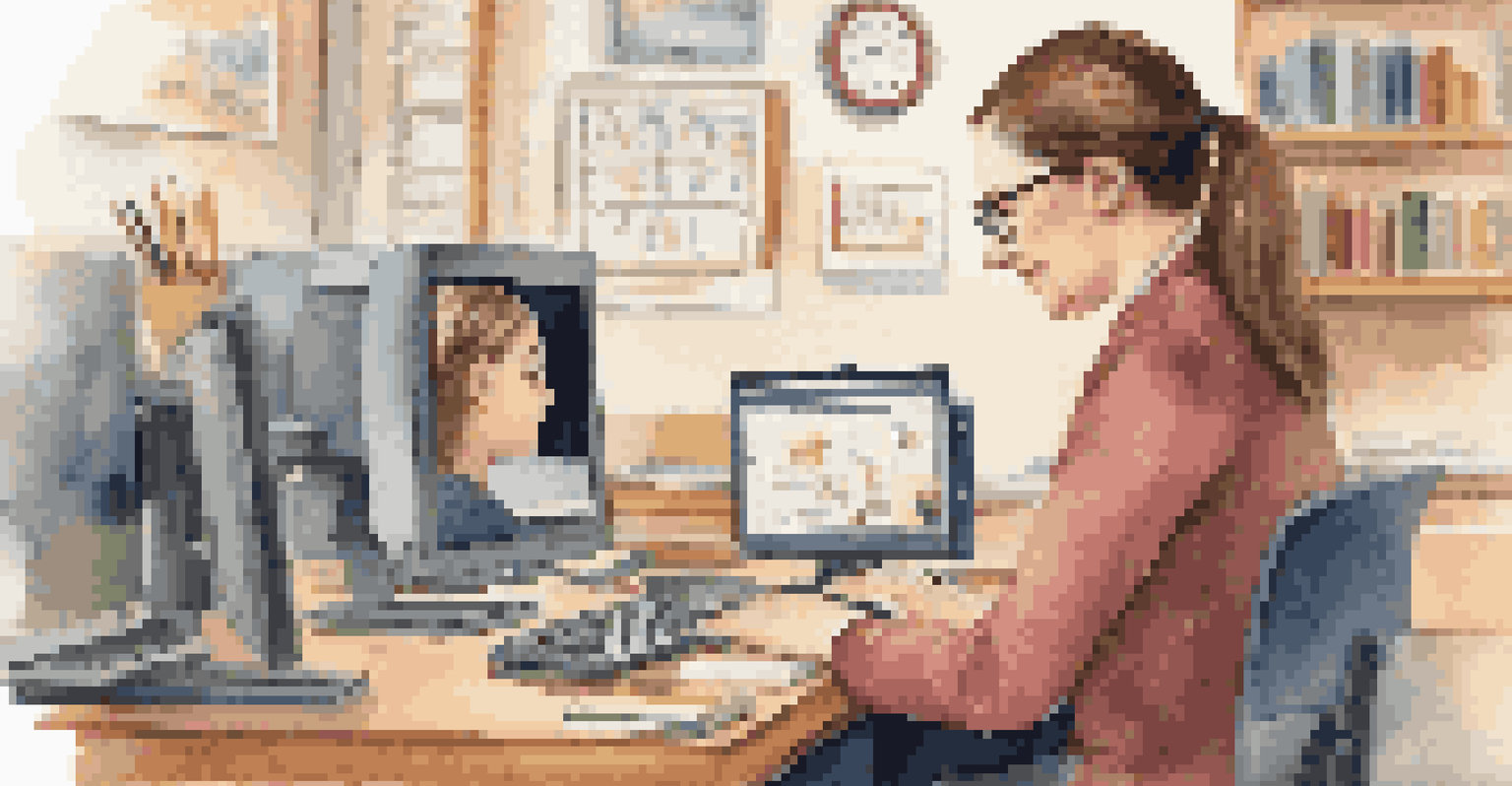 A teacher helping a student at a computer, surrounded by educational tools and a warm, inviting classroom atmosphere, emphasizing personalized learning.