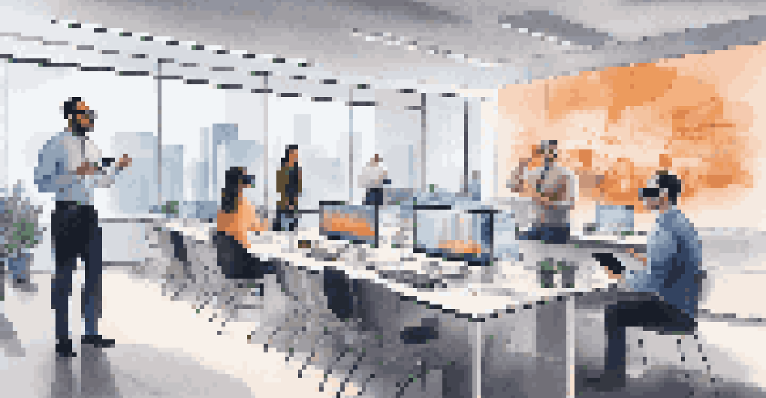 Employees in a modern office using augmented reality for a training session, showcasing high-tech glasses and interactive virtual content.