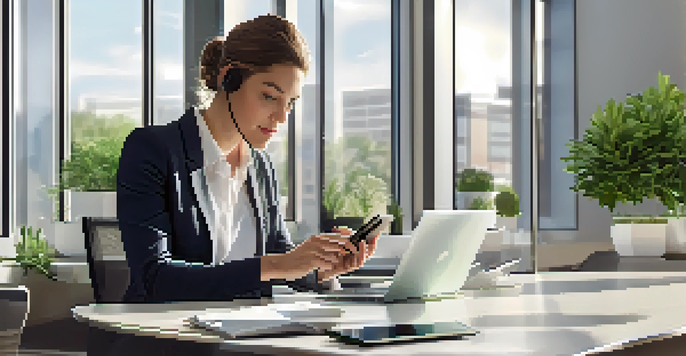 A professional in an office using a smartphone for training during lunch, with a laptop and plants in the background.