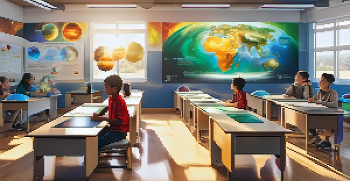 A vibrant classroom with students wearing AR headsets, engaging with a 3D solar system model, surrounded by educational materials and bright sunlight.