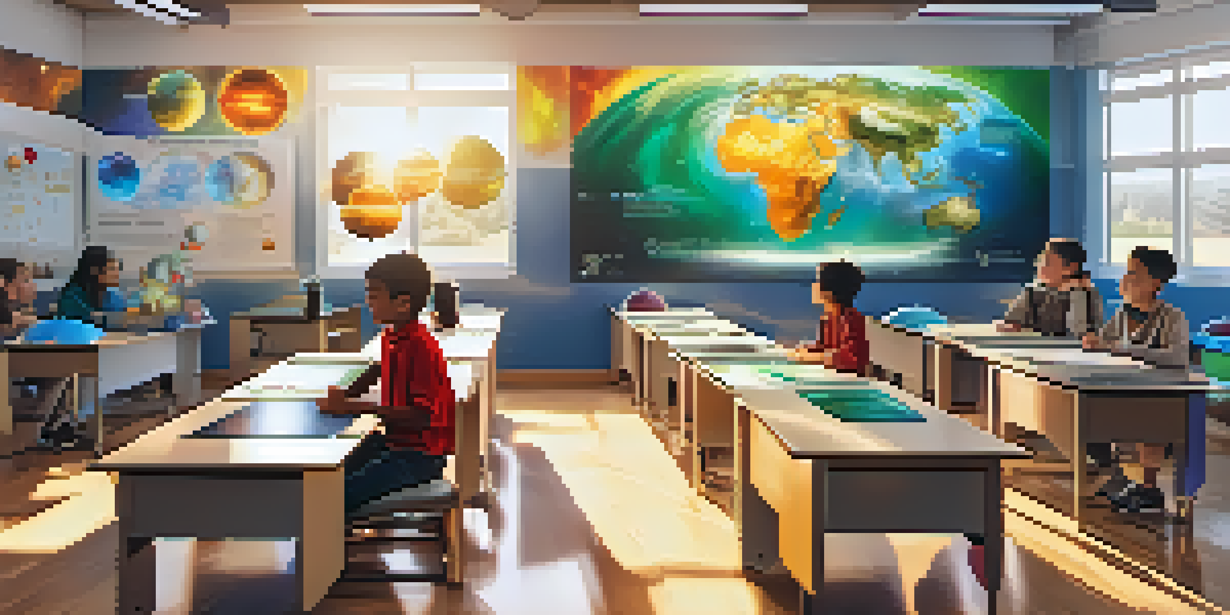 A vibrant classroom with students wearing AR headsets, engaging with a 3D solar system model, surrounded by educational materials and bright sunlight.