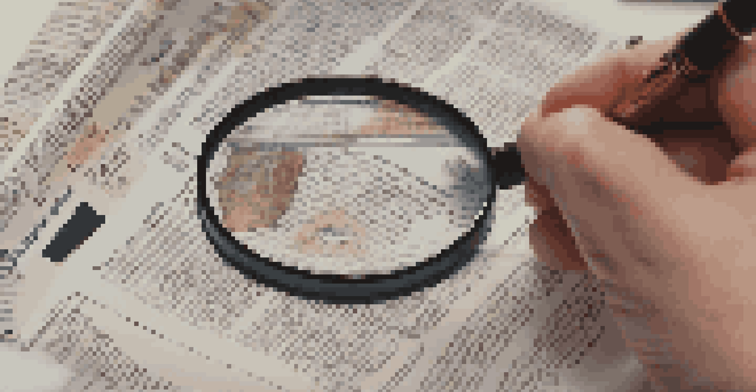 A hand holding a magnifying glass over an article, with a notepad in the background.