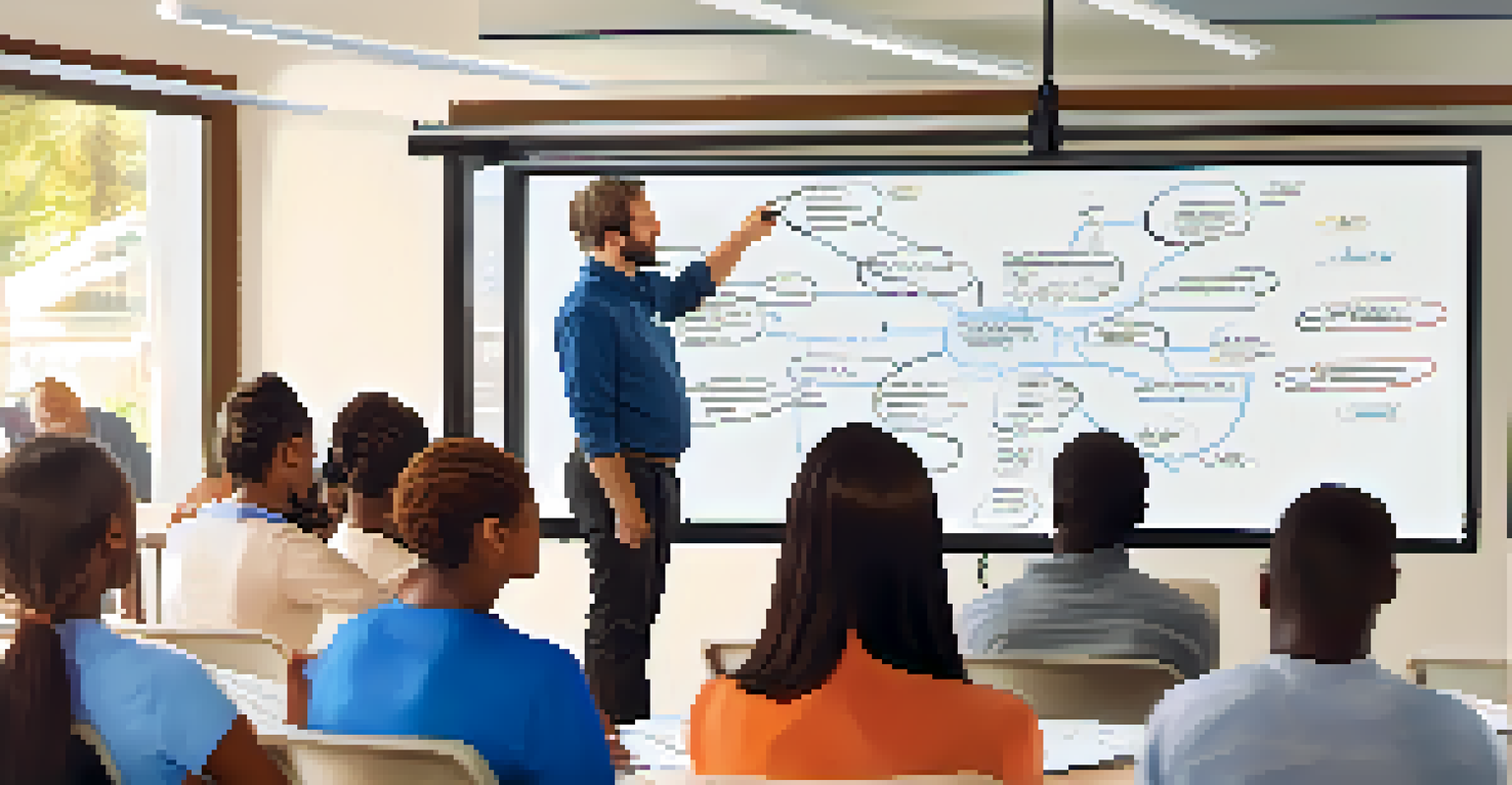 A facilitator explaining a complex concept to adult learners using a whiteboard in a bright classroom.