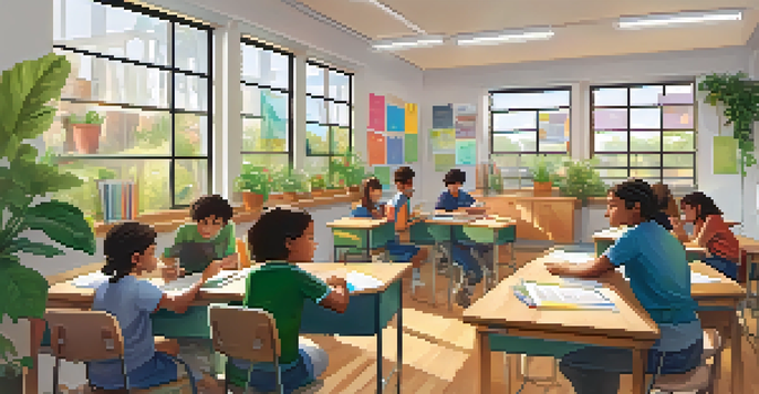 A bright classroom with diverse students participating in learning activities, surrounded by educational posters and plants.