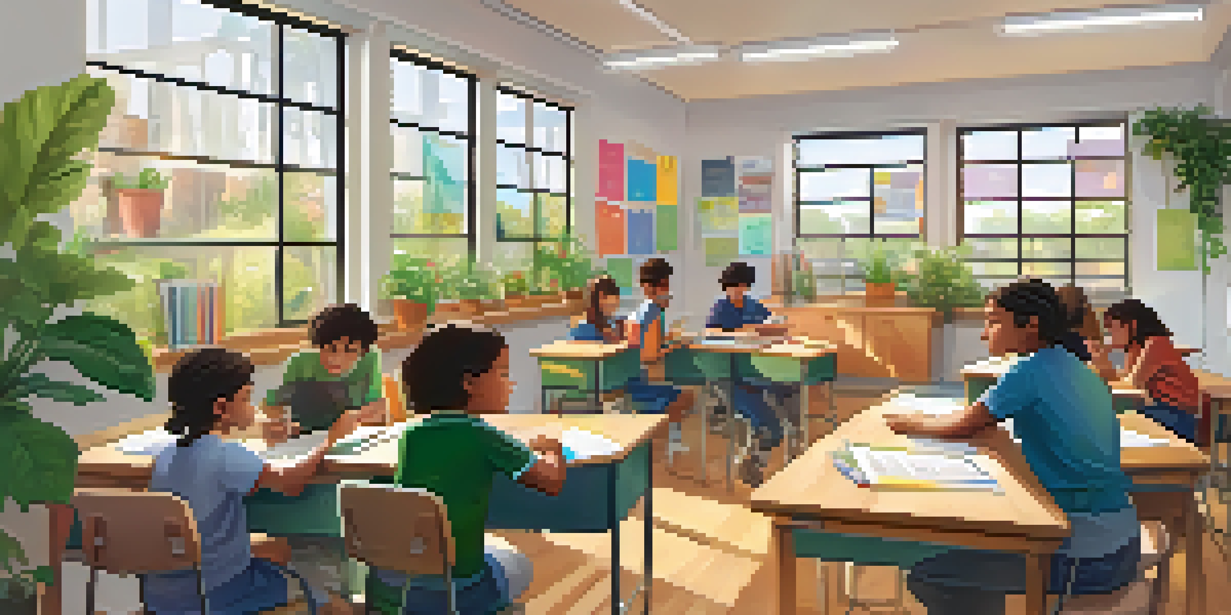 A bright classroom with diverse students participating in learning activities, surrounded by educational posters and plants.