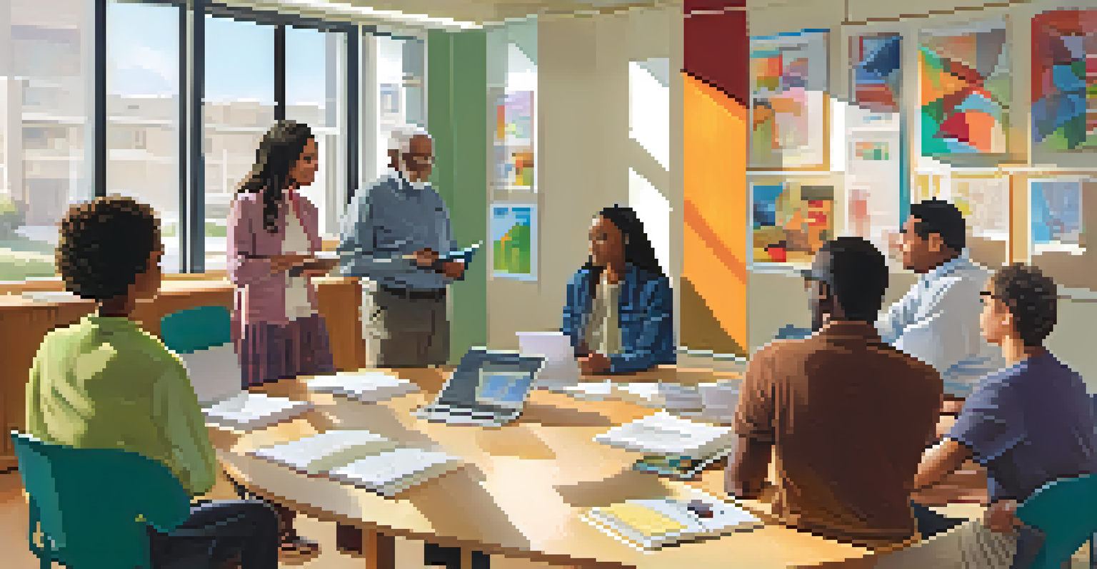 A diverse group of individuals in a modern classroom engaged in discussion with notebooks and laptops, surrounded by colorful posters.