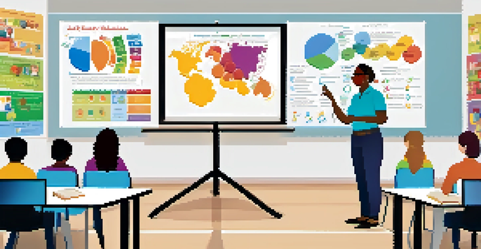 An educator teaching a diverse group of students in a colorful classroom with a smart board.