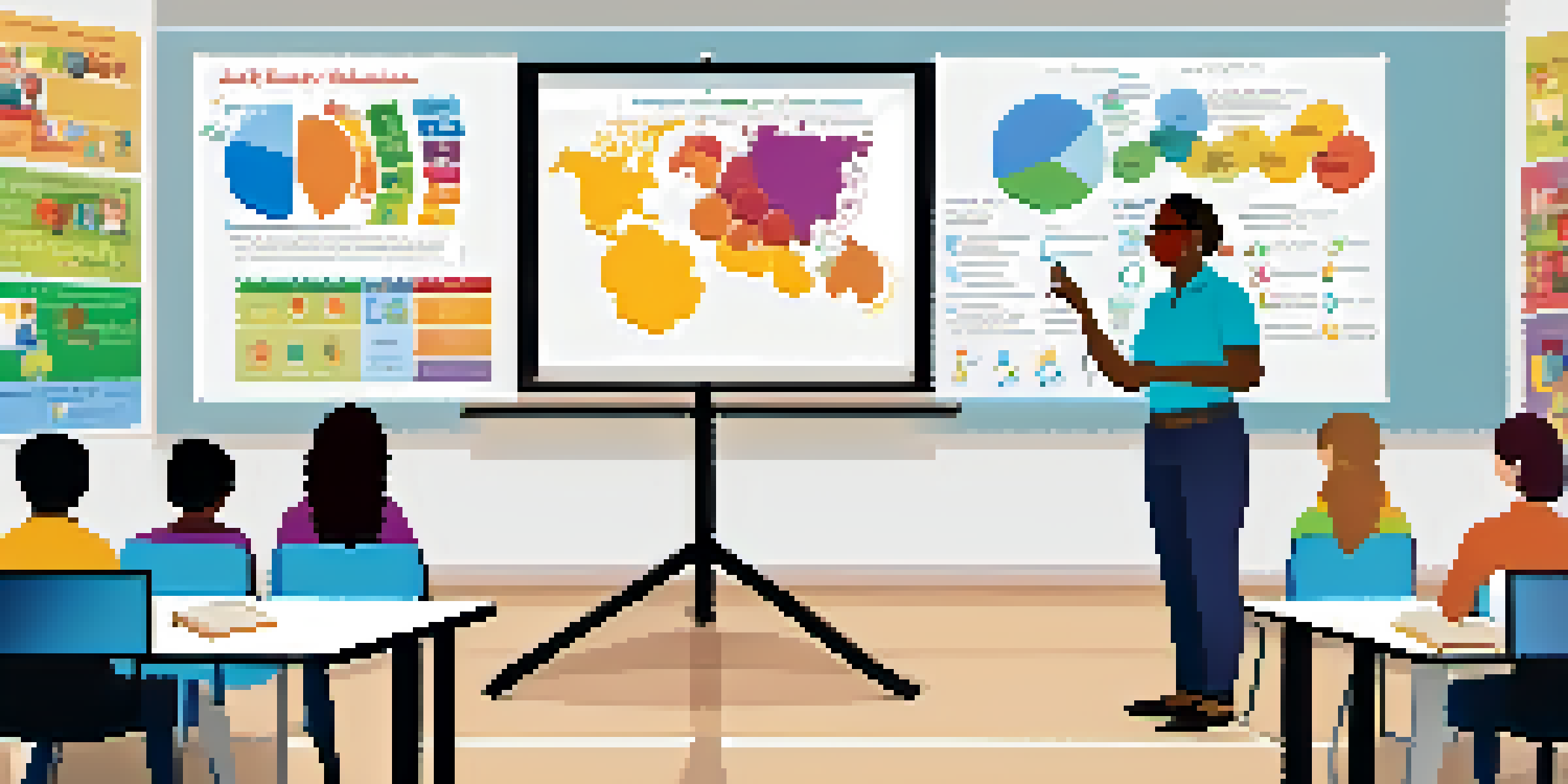 An educator teaching a diverse group of students in a colorful classroom with a smart board.