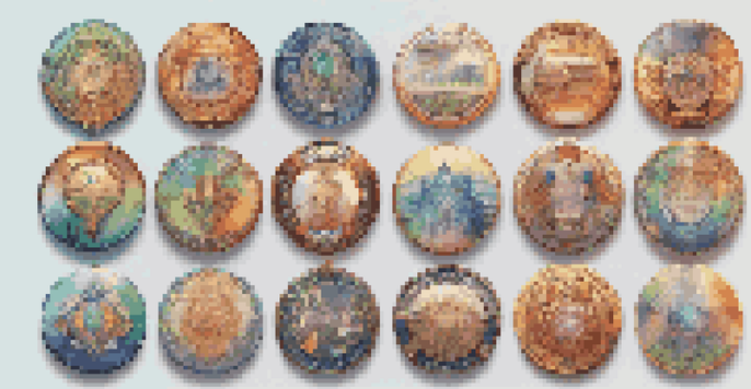 A collection of colorful digital badges representing various skills and achievements, arranged in a circular pattern on a gradient background.