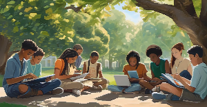 A group of diverse students engaged in mobile learning outdoors under a tree, surrounded by books and sunlight.